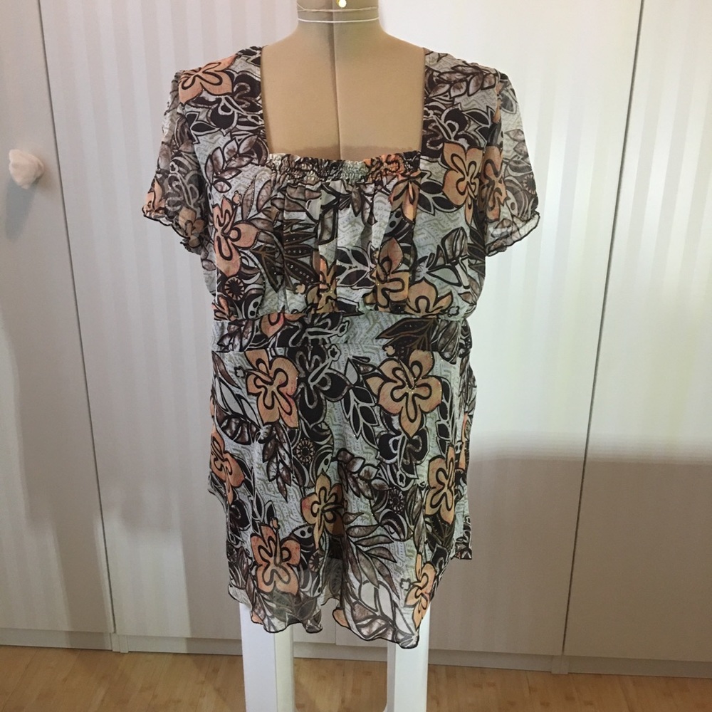 Dress Barn brown orange flower short sleeve lined tunic blouse Size 1X